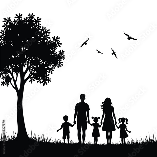 Black silhouette of a family and tree against white sky