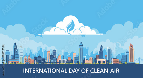 Illustration of a city skyline under a sky with clouds, symbolizing International Day of Clean Air.
