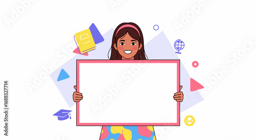 A smiling young girl holds a blank whiteboard with educational icons in the background.
