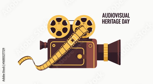 An illustration of an old-fashioned film camera with a reel of film draped over it, celebrating Audiovisual Heritage Day.