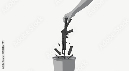 A hand is shown discarding a disassembled assault rifle into a trash can, symbolizing gun control or disarmament.