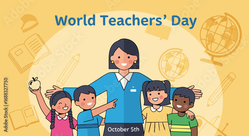 Illustration celebrating World Teachers' Day on October 5th, featuring a teacher with outstretched arms surrounded by diverse, happy students and educational symbols.