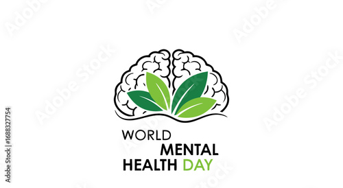 World Mental Health Day logo featuring a stylized brain with green leaves symbolizing growth and well-being.