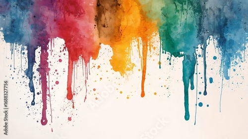 Abstract watercolor painting with colorful drips and splatters on a white background