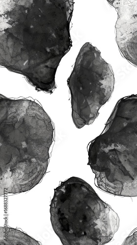 Black and gray watercolor ink wash shapes with detailed outlines on a white background Transparent