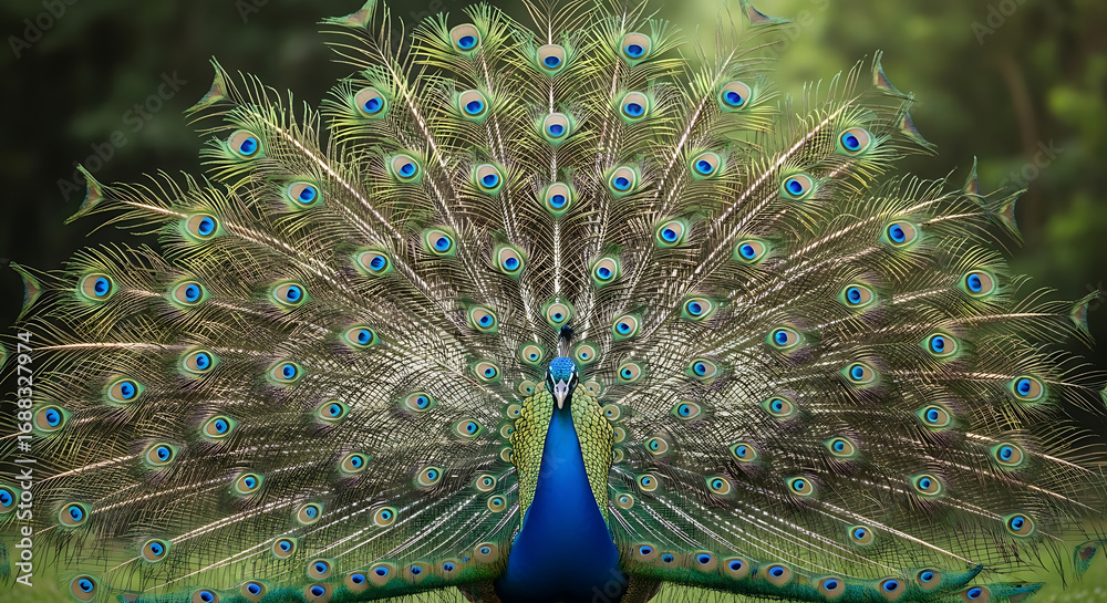 Naklejka premium Majestic peacock displaying its vibrant fanned tail feathers