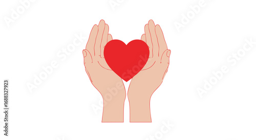 Two cupped hands gently holding a bright red heart, symbolizing care, love, and support.
