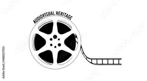A black and white illustration of a film reel with the words "Audiovisual Heritage" written around the top.