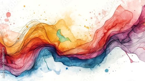 Watercolor painting with fluid lines and vibrant gradients from orange to blue on a white background