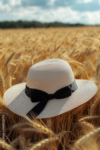Elegant straw sun hat with black ribbon lying on golden wheat field under summer sky