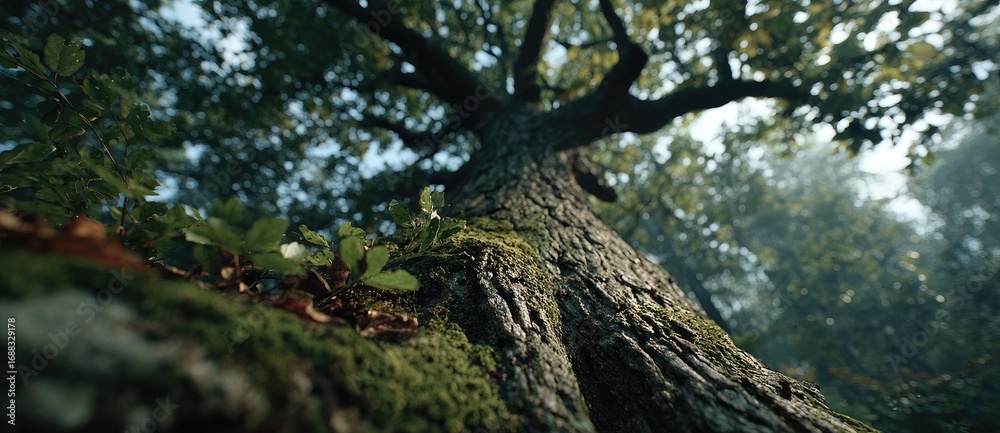Naklejka premium Low-angle view of a large tree trunk with moss and leaves