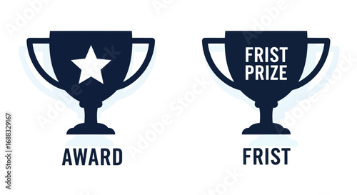 Vector illustration of two trophy icons, one labeled award with a star and the other labeled frist prize and frist, representing achievement and winning