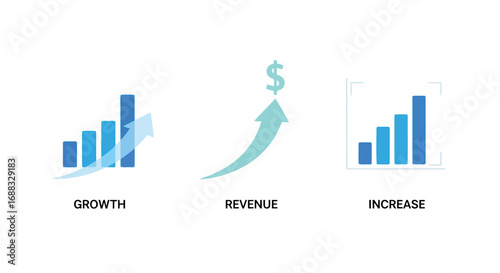 Vector illustration of three business growth charts showing increase in growth, revenue, and overall business performance