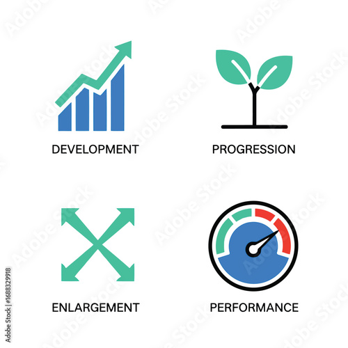 Vector illustration of icons representing development, progression, enlargement, and performance