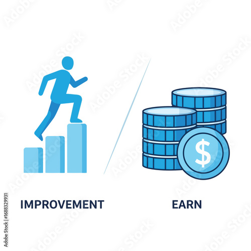Vector illustration of blue icon of a person running up steps representing improvement and a stack of coins with a dollar sign representing earning