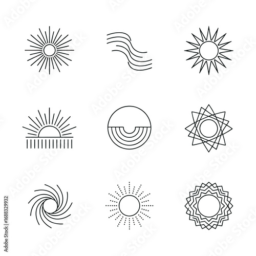 Minimalist line art sun and weather icons collection, abstract geometric designs for nature, energy, and summer concepts.