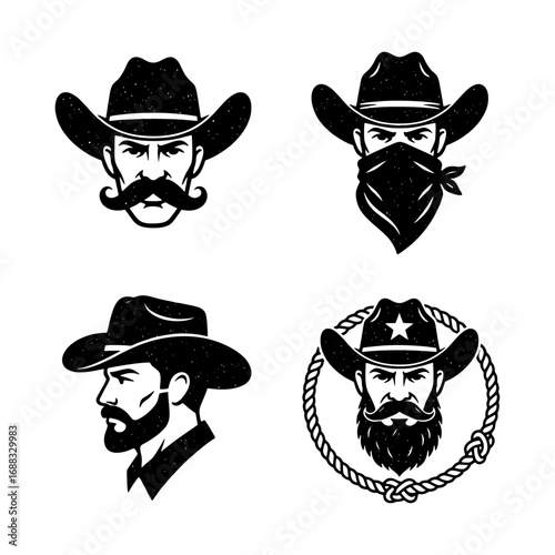 Cowboy Head Vector Set with Hats, Mustaches, Beards, Bandana, and Lasso Design Elements