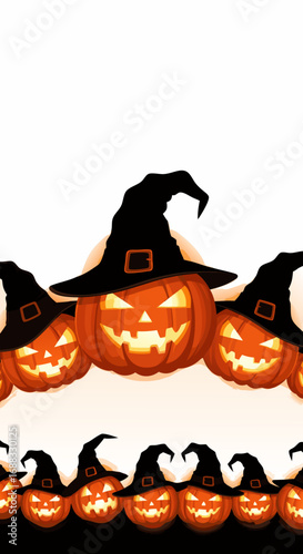 A large mob of spooky, glowing jack-o'-lanterns peeking over the bottom edge of a design. This pixel art illustration creates a perfect footer or border with copy space for Halloween events
