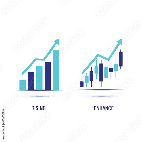 Vector illustration of two blue and teal bar and candlestick charts showing upward trends for rising and enhance
