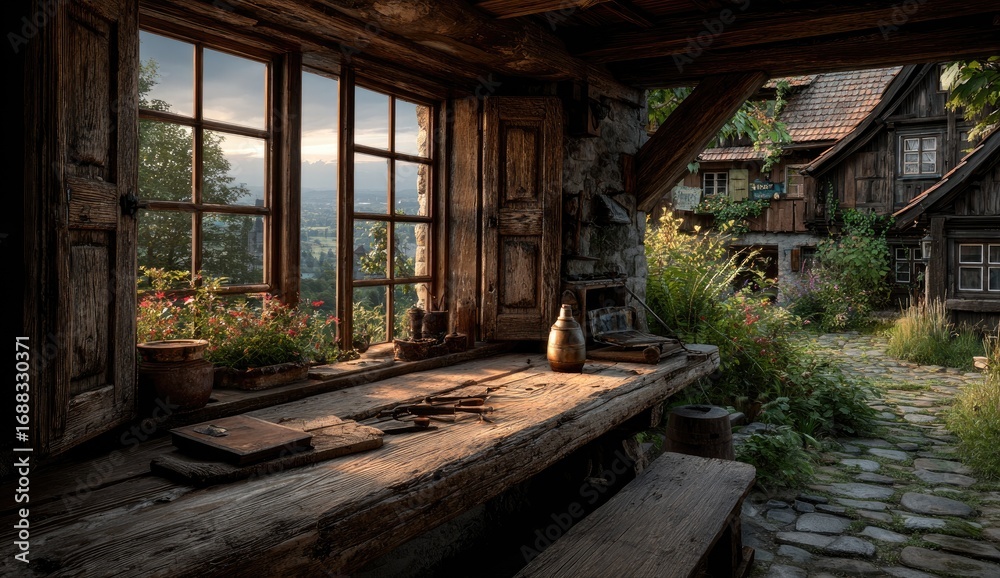 Fototapeta premium Rustic wooden workshop with mountain view