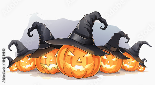 A sinister gang of glowing jack-o'-lanterns with witch hats, huddled together and emerging from a mysterious mist. This clean vector illustration is perfect for creating a spooky and intimidating Hall