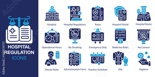 Hospital Regulations icon set. Containing hospital, regulation, compliance, health, and more. Solid vector icons collection. Vector illustration.