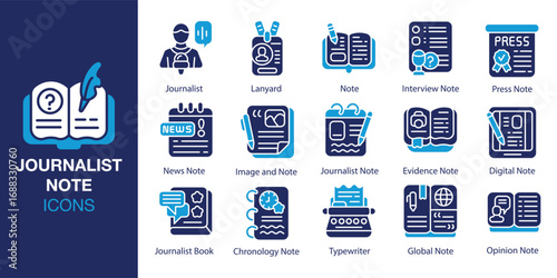 Journalist Note icon set. Containing journalist, notebook, pen, write, journalism, and more. Solid vector icons collection. Vector illustration.