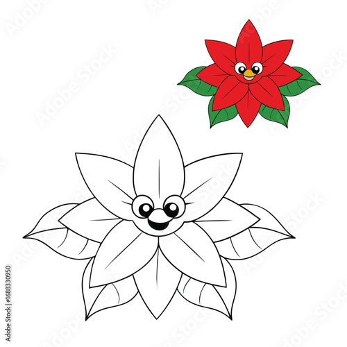 A festive red poinsettia flower coloring page, featuring bold petals, detailed leaves, and holiday charm. Perfect for kids and adults to bring Christmas spirit to life.
