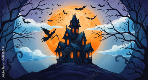 Haunted Halloween house illustration with a glowing orange full moon, flying bats, bare trees, and a crow on a dark hill.