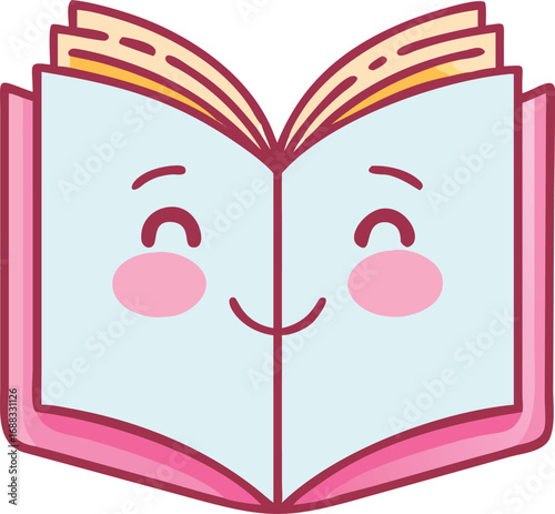 Vector art of charming cartoon open book with a cute happy face and rosy cheeks.