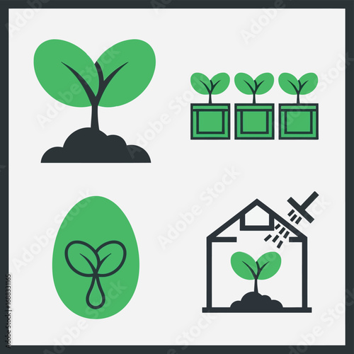Vector illustration of collection of four green plant sprout icons representing growth, agriculture, and cultivation