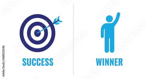 Vector illustration of target with arrow hitting the bullseye and a silhouette of a person with raised arm, symbolizing success and winning