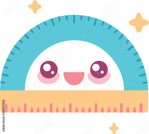 Vector art of cute cartoon protractor with a happy face, , school supplies, education, learning, kawaii style.