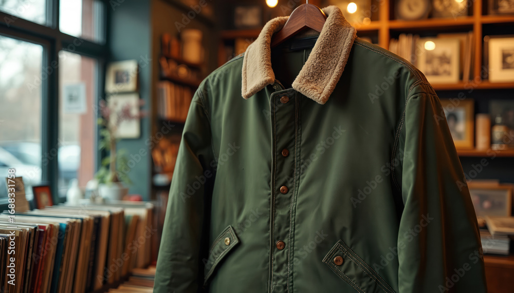 Fototapeta premium Olive green jacket with sherpa collar displayed in vintage shop. Features button front, two flap pockets, sturdy fabric. Classic retro style for men or women, perfect for cool weather.