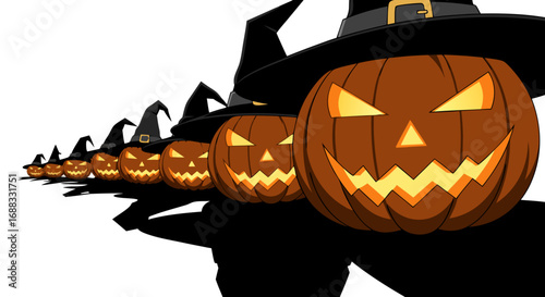 A dramatic vector illustration showcasing a long, receding line of menacing jack-o'-lanterns, each wearing a witch hat and casting eerie shadows. Creates a sense of depth and an infinite spooky path.