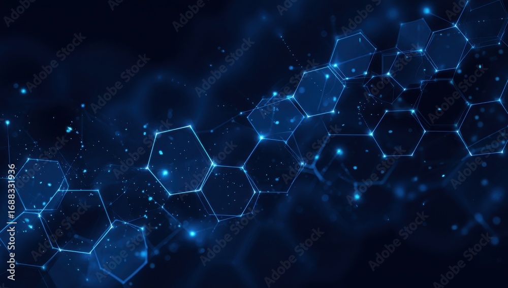 Obraz premium Abstract digital network of interconnected hexagons in deep blue