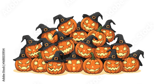 A large pile of mischievous cartoon jack-o'-lanterns gathered together. Each character wears a witch hat and has a unique, fun expression. Perfect for wide banners, website headers, & festive holiday