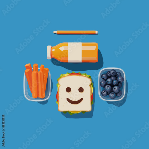 A clean, modern illustration of a packed school lunch, rendered with a soft 3D and volumetric style. Features a smiling sandwich, healthy snacks, and juice arranged neatly. Ideal for educational
