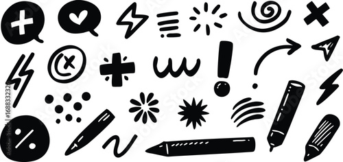 Vector art of collection of hand drawn black doodles and symbols isolated on a transparent background, including arrows, checkmarks, stars, and speech bubbles.