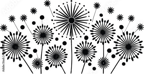 Vector art of black and white stylized dandelions with seeds blowing in the wind.
