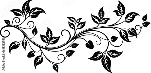Vector art of elegant black vine with leaves and swirls.