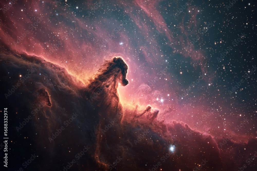 Fototapeta premium Cosmic Horsehead nebula, vibrant hues, star-studded void