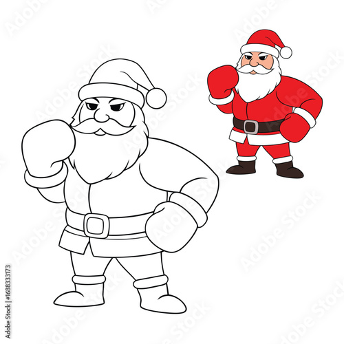 A festive coloring page of Santa Claus wearing bright red boxing gloves, blending holiday cheer with playful strength, perfect for kids to color with joy and creativity.
