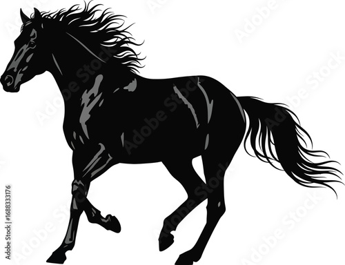 Majestic Black Horse Galloping with Flowing Mane and Tail Silhouette running motion