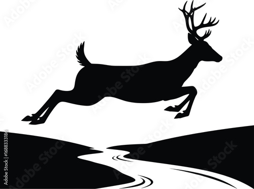 Silhouette of a leaping deer jumping over a winding river and hilly landscape vector
