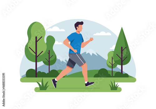 Fit man jogging through scenic park landscape with mountains and trees promoting healthy outdoor activity and fitness