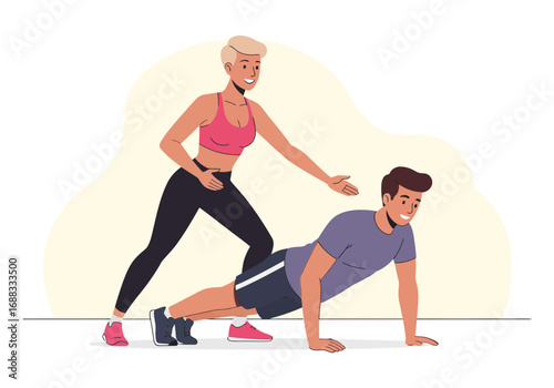 Energetic female trainer guides man through challenging push-up exercise, promoting fitness and dedication for a healthy lifestyle.