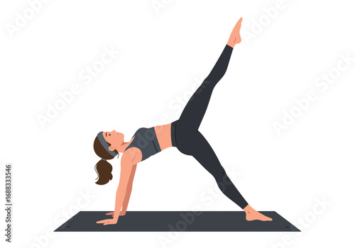 Dynamic woman confidently performs challenging yoga pose, showcasing strength and flexibility on a mat for wellness content