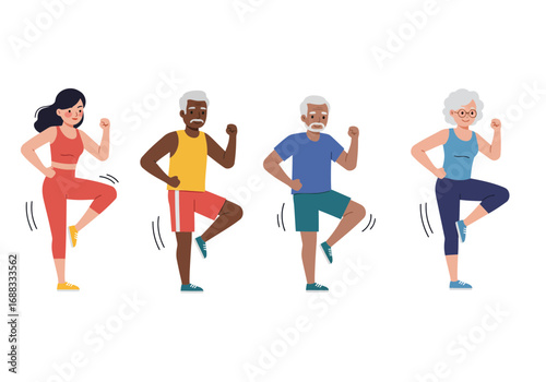 Diverse group of people enjoying energetic exercise routines together, promoting health and vitality for all ages.