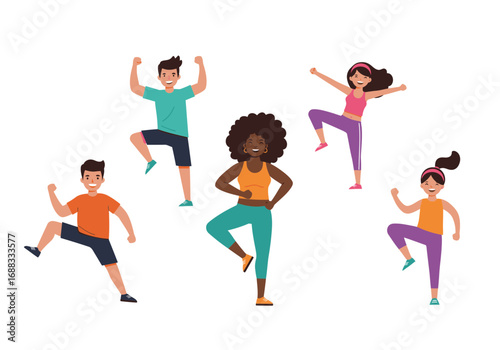 Energetic diverse group joyfully dancing together in vibrant activewear, promoting fitness and health